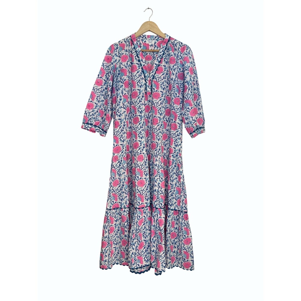 Pink City Prints Floral Block Print Cotton Midi Dress Pink Blue Boho Small